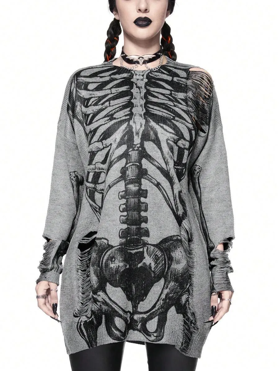 Women's gray loose fit character print knit pullover long sleeves viscose fibre