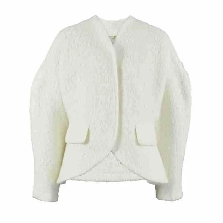 Women's coarse woolen thick polyester coat in solid white with raglan sleeves and stitching details