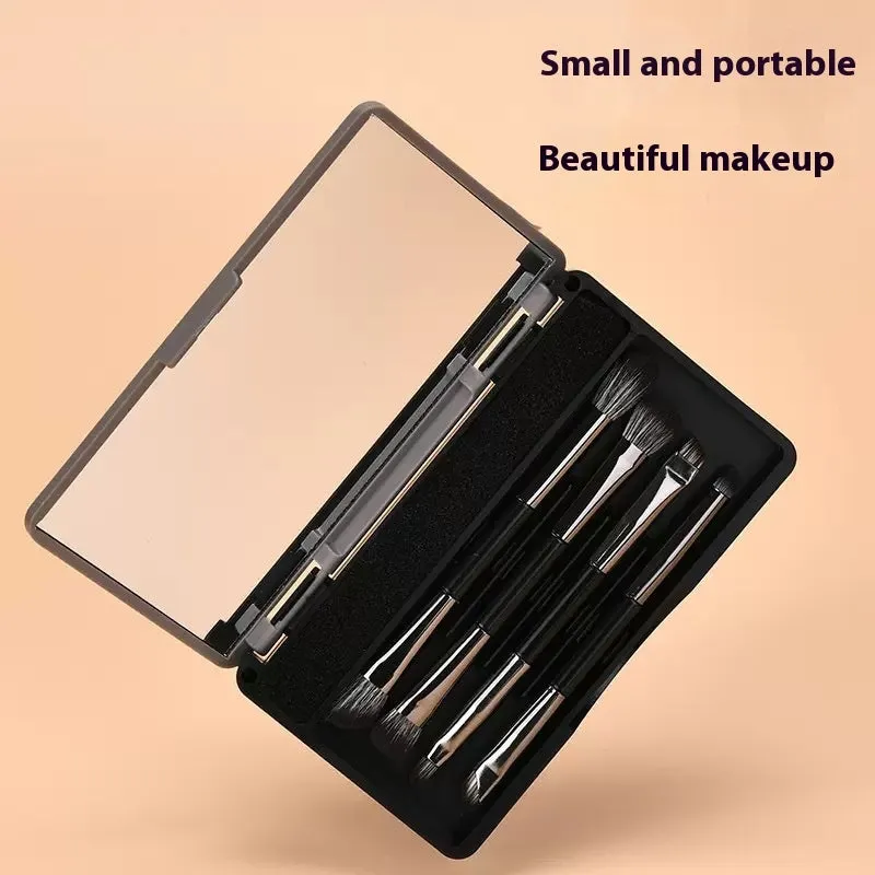 Makeup brush set with mirror showing artificial fibre bristles and plastic handles