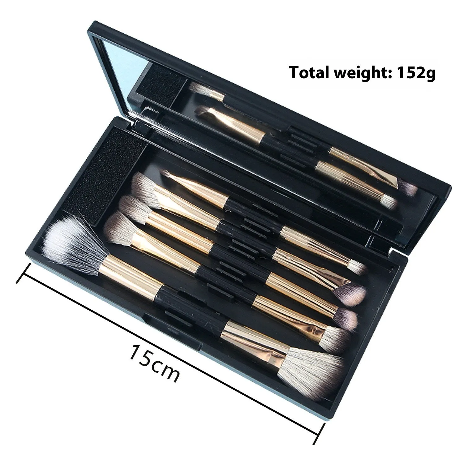Makeup brush set with mirror showing artificial fibre bristles and plastic handles