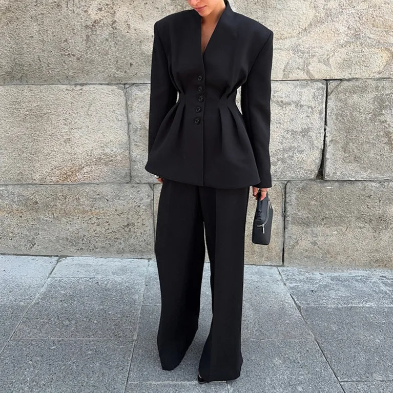 Black long sleeve V-neck pleated waist suit jacket and trousers two-piece set for women polyester solid colour