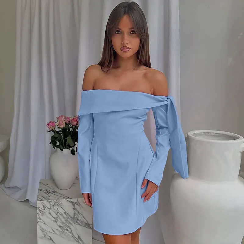 Off-shoulder slim-fit long-sleeved dress in pink with polyester fabric and short skirt length