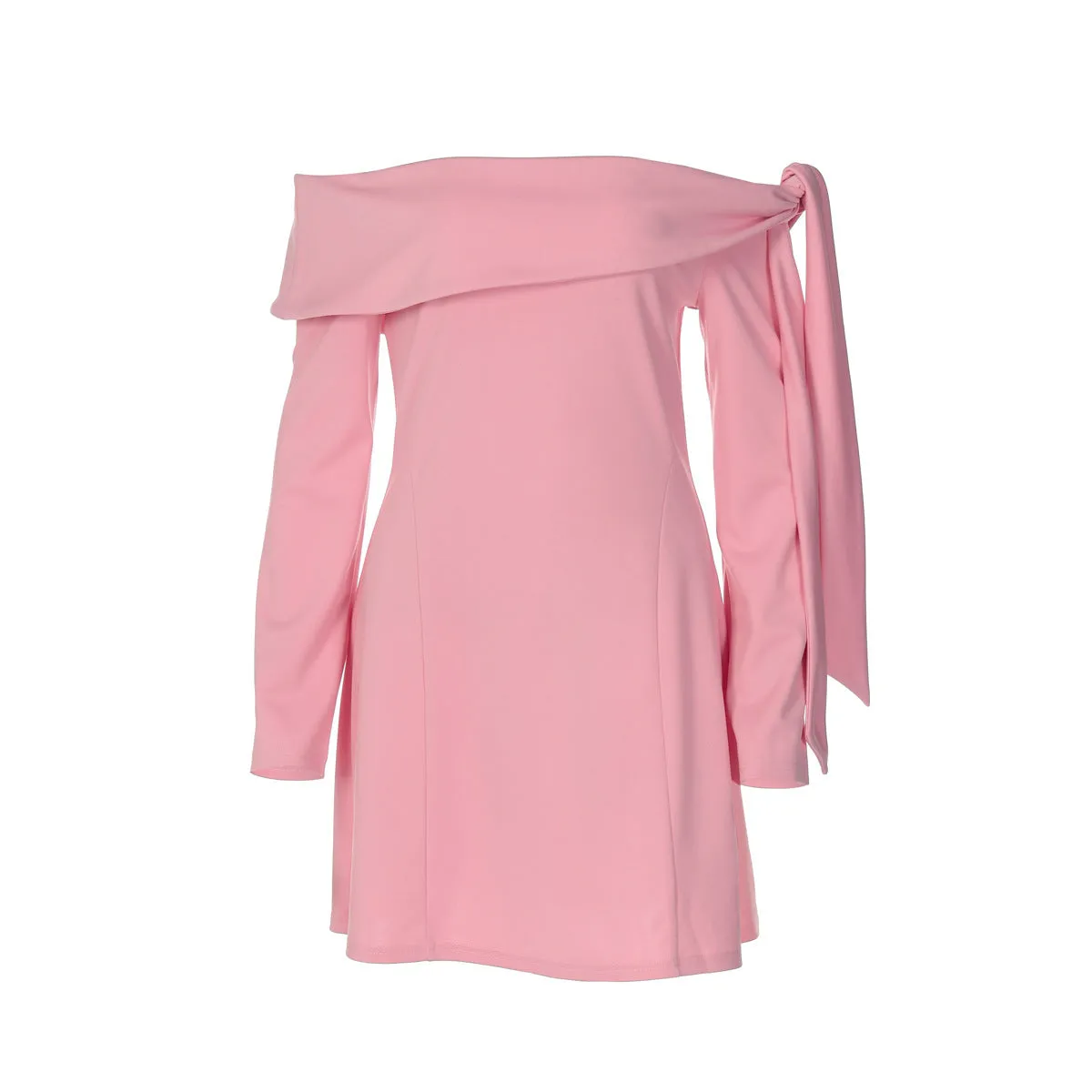 Off-shoulder slim-fit long-sleeved dress in pink with polyester fabric and short skirt length
