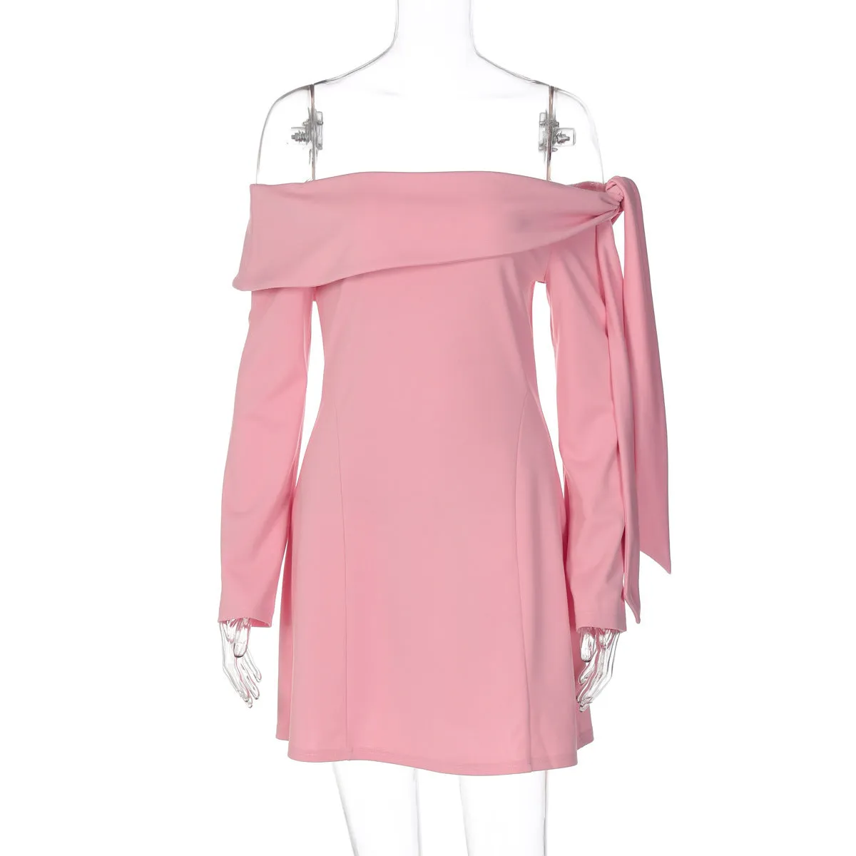 Off-shoulder slim-fit long-sleeved dress in pink with polyester fabric and short skirt length