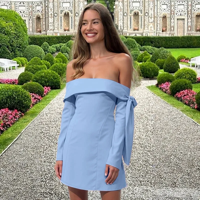 Off-shoulder slim-fit long-sleeved dress in pink with polyester fabric and short skirt length