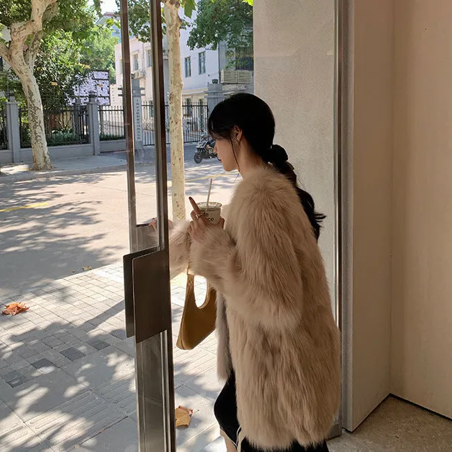 Women's corduroy coat with rabbit fur trim in milk coffee colour, slimming fit, available in sizes S-XL