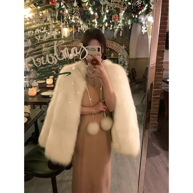 Women's corduroy coat with rabbit fur trim in milk coffee colour, slimming fit, available in sizes S-XL