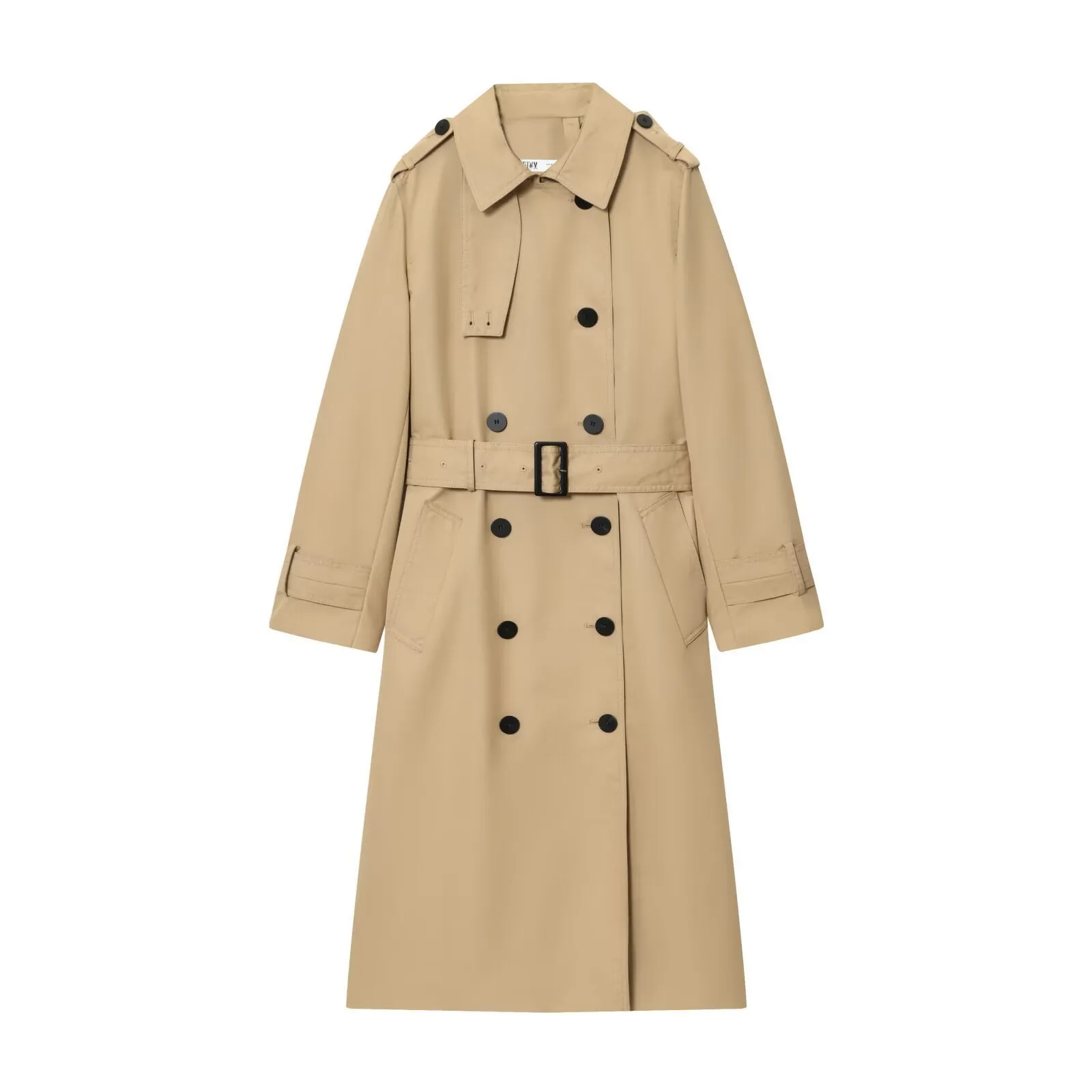 Women's long double breasted trench coat in khaki with drawstring waist and long sleeves