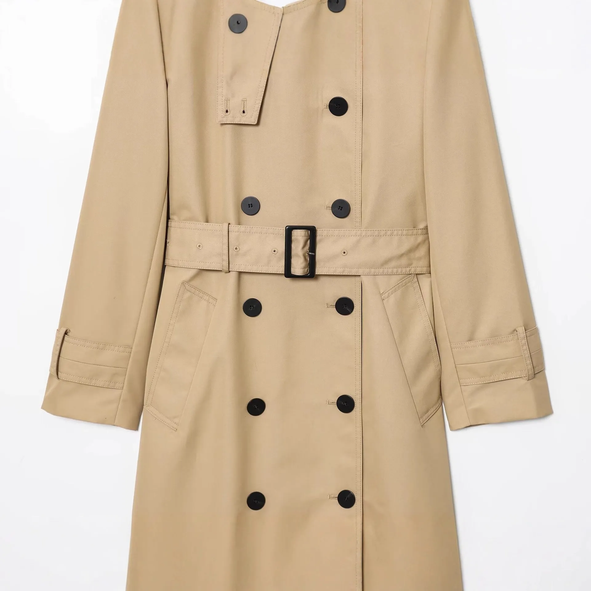 Women's long double breasted trench coat in khaki with drawstring waist and long sleeves