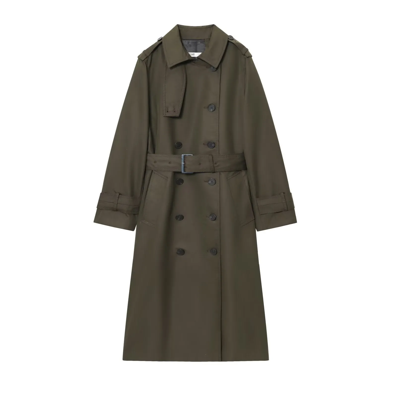 Women's long double breasted trench coat in khaki with drawstring waist and long sleeves