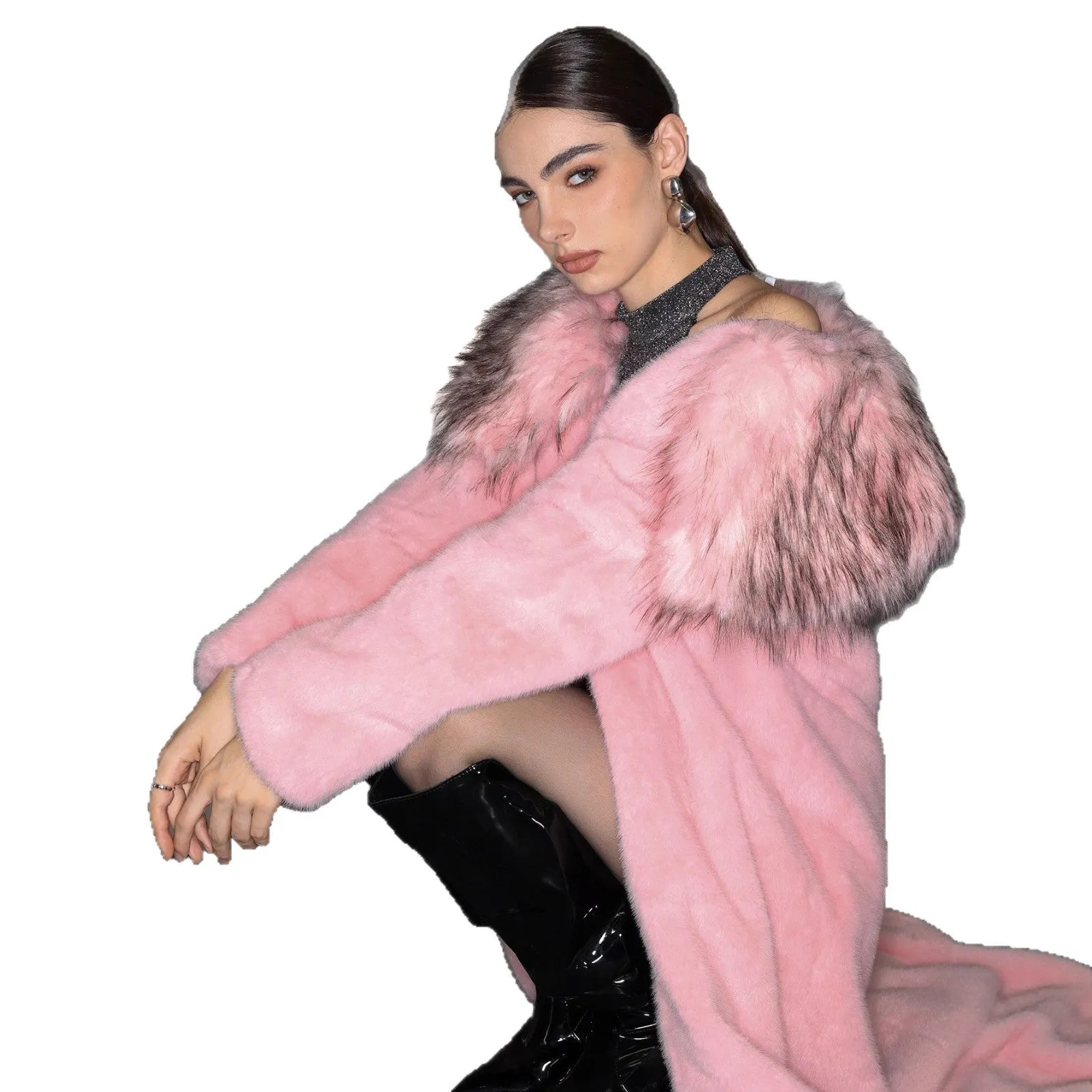 Women's long sleeve faux fur plush thermal long coat in pink with fur collar