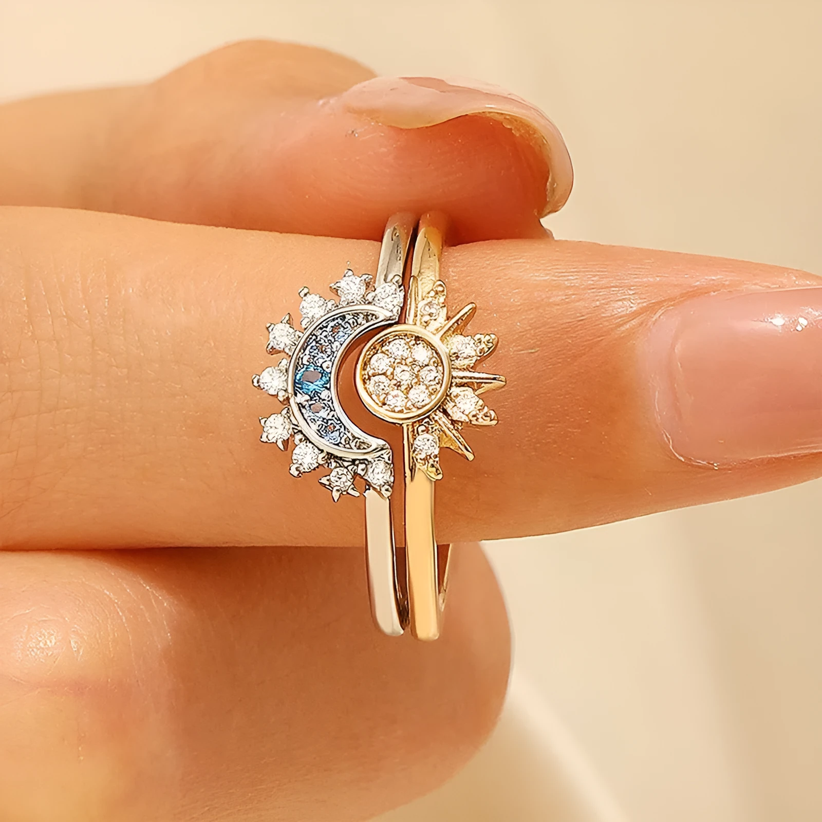 Sun and moon diamond-studded alloy couple ring set with geometric shape for lovers
