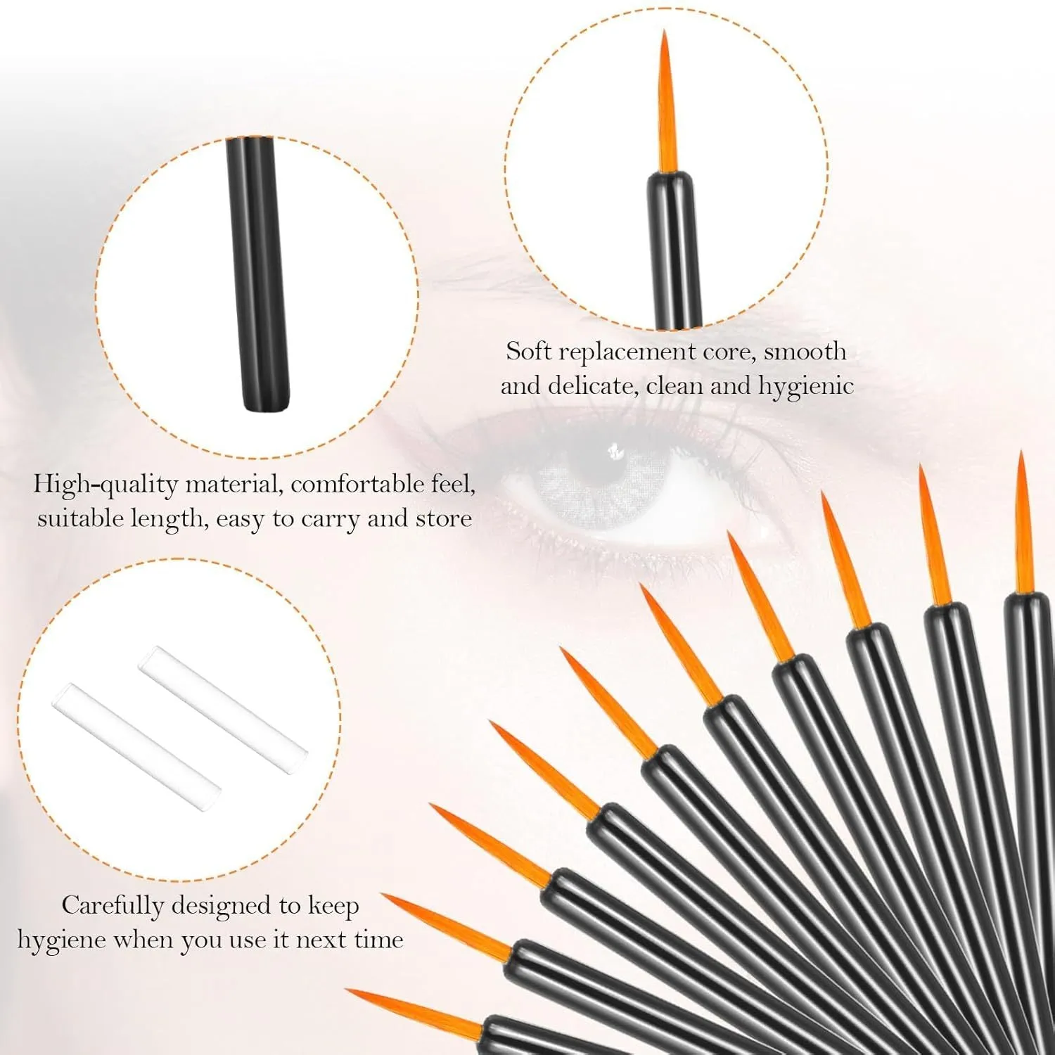 Pack of 100 black disposable eyeliner brushes with fine points and plastic sleeves.
