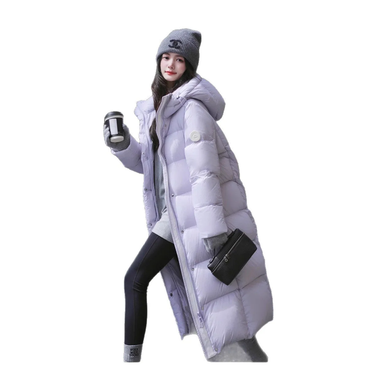 Slim fit over-the-knee down jacket for women, black colour, cotton fibre fabric, long sleeves