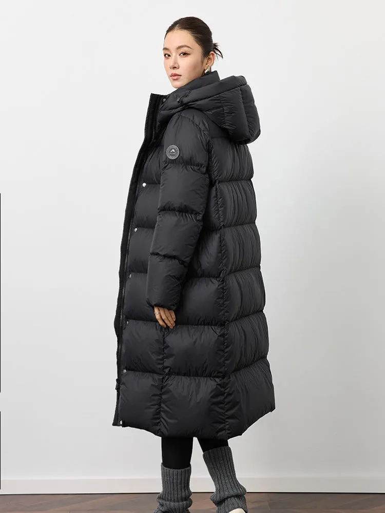 Slim fit over-the-knee down jacket for women, black colour, cotton fibre fabric, long sleeves