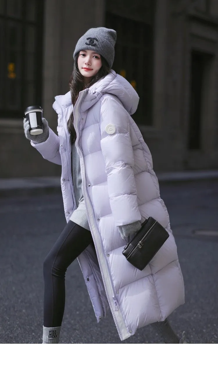 Slim fit over-the-knee down jacket for women, black colour, cotton fibre fabric, long sleeves