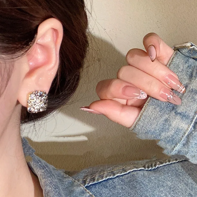 Pair of black full diamond micro inlaid zircon square earrings in E6449 gold for women, geometric chamfered style