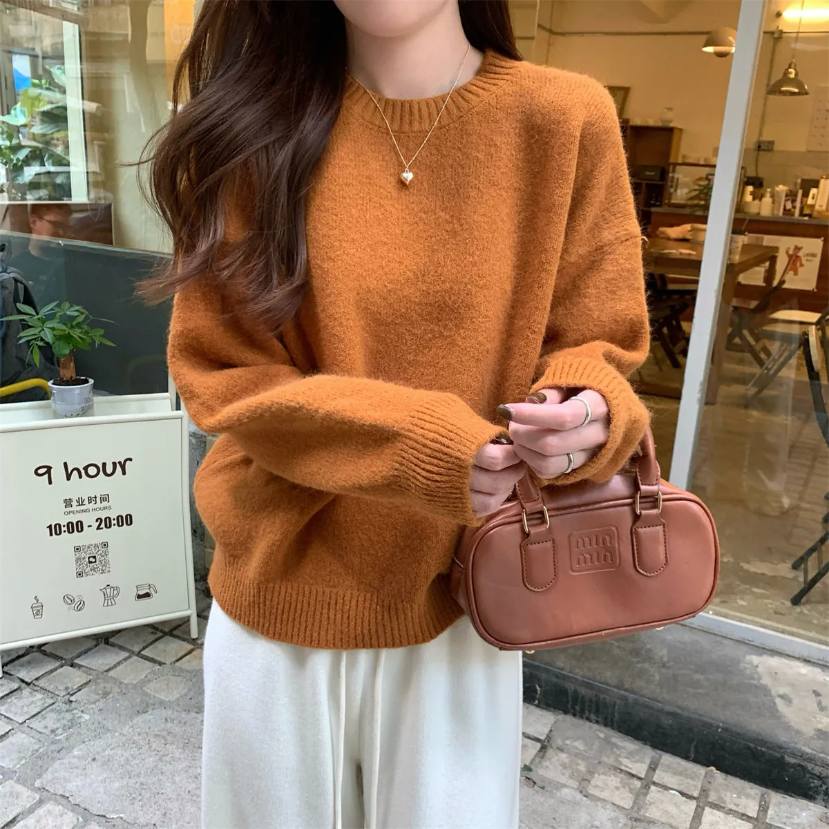 Korean style soft glutinous loose drop-shoulder sleeve sweater in candy colour, solid pattern with wavy elements, acrylic fibre