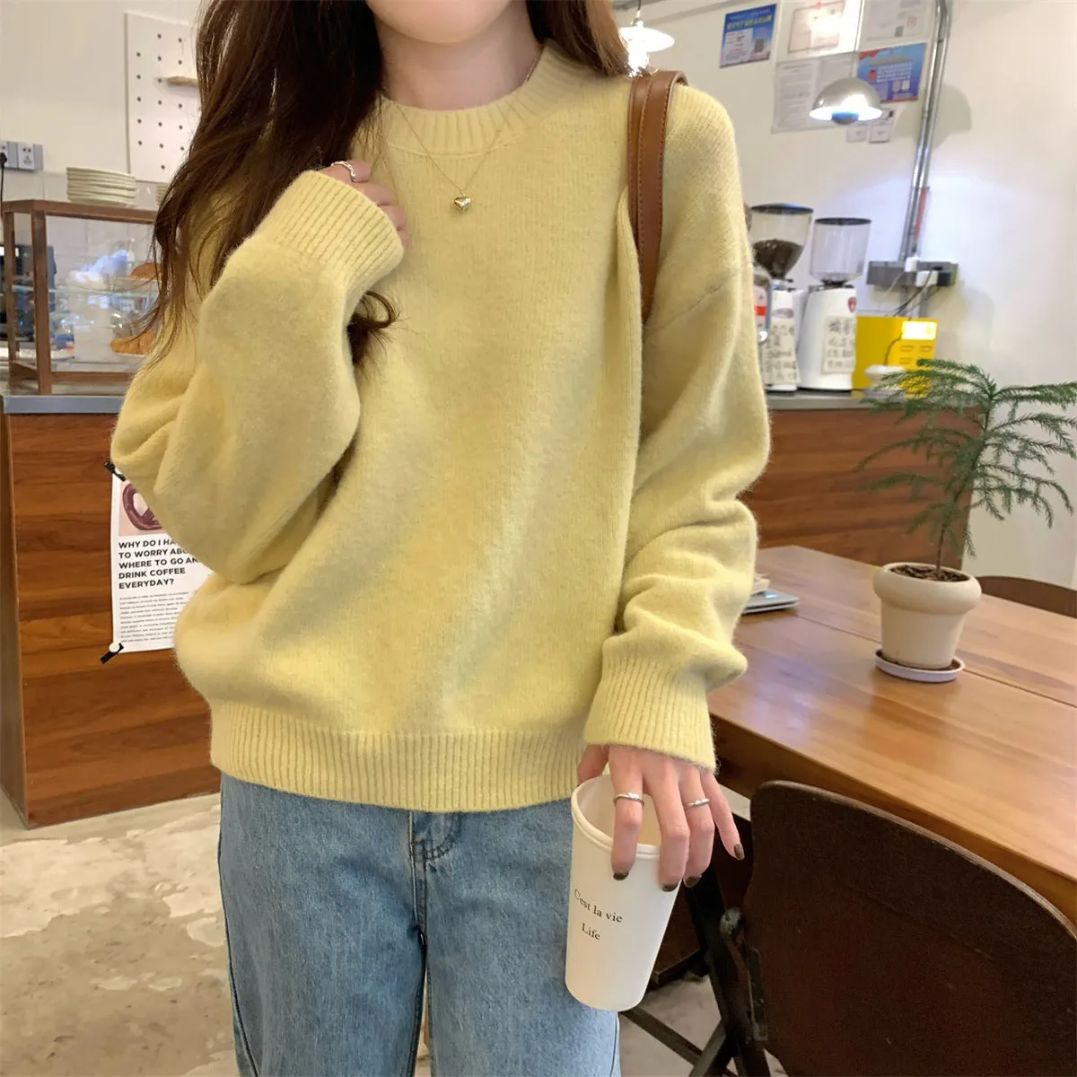 Korean style soft glutinous loose drop-shoulder sleeve sweater in candy colour, solid pattern with wavy elements, acrylic fibre