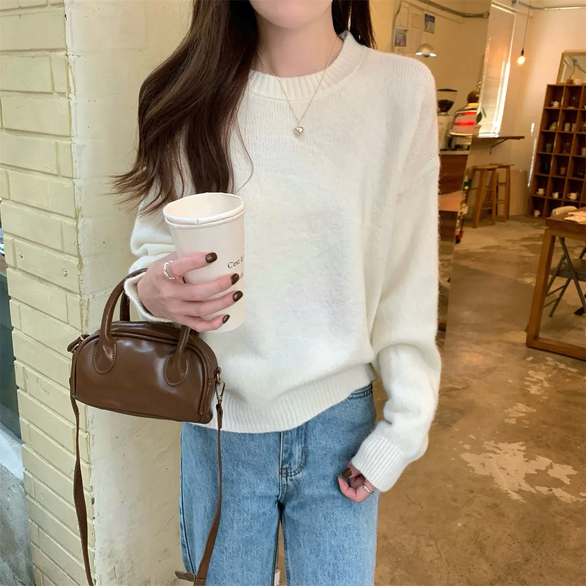 Korean style soft glutinous loose drop-shoulder sleeve sweater in candy colour, solid pattern with wavy elements, acrylic fibre