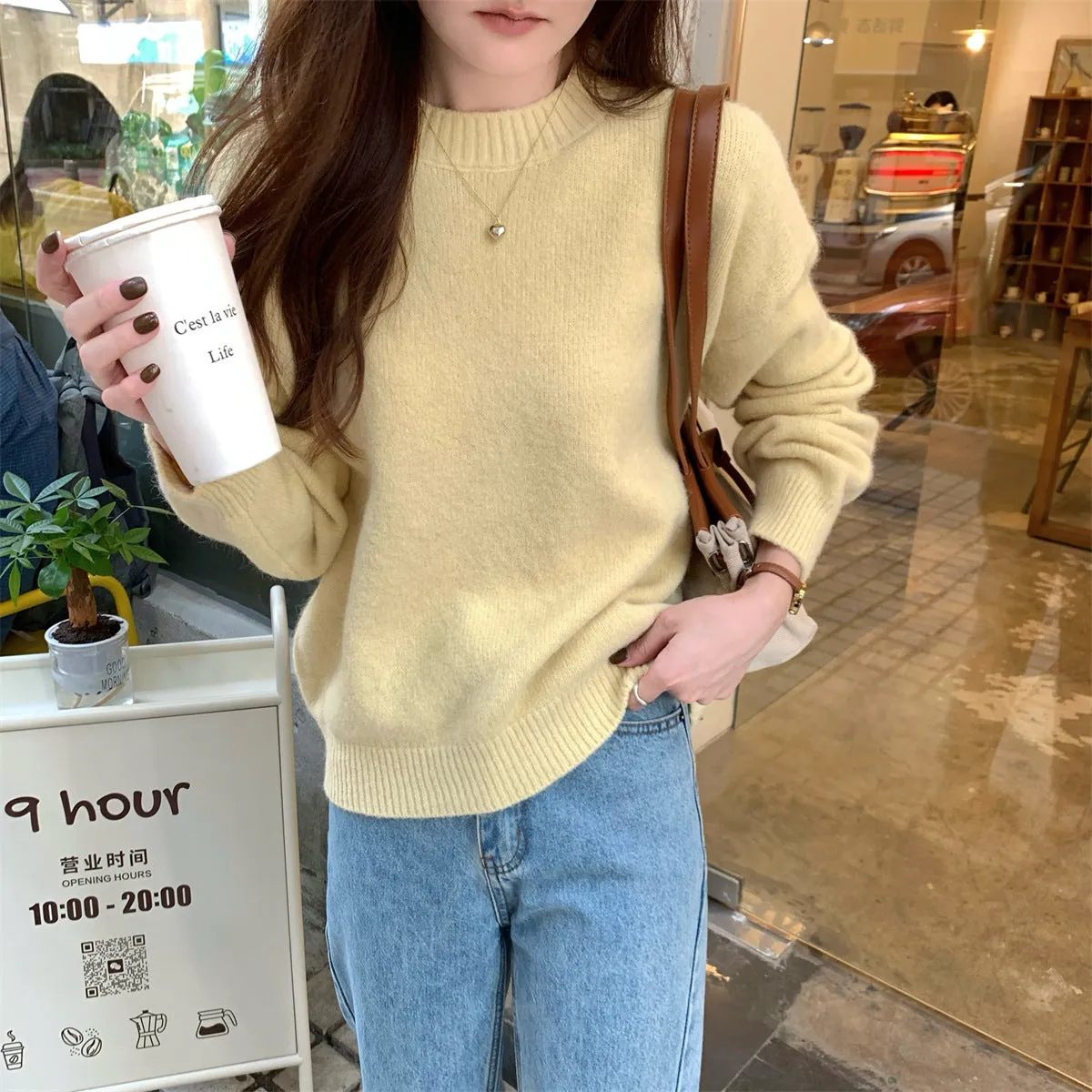 Korean style soft glutinous loose drop-shoulder sleeve sweater in candy colour, solid pattern with wavy elements, acrylic fibre