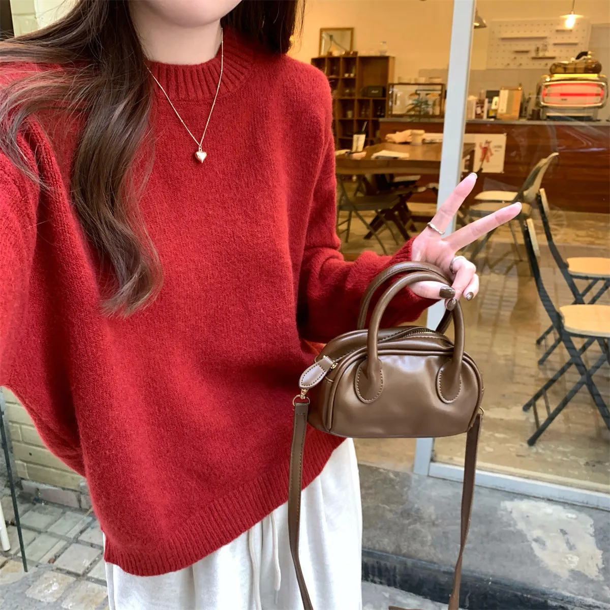Korean style soft glutinous loose drop-shoulder sleeve sweater in candy colour, solid pattern with wavy elements, acrylic fibre
