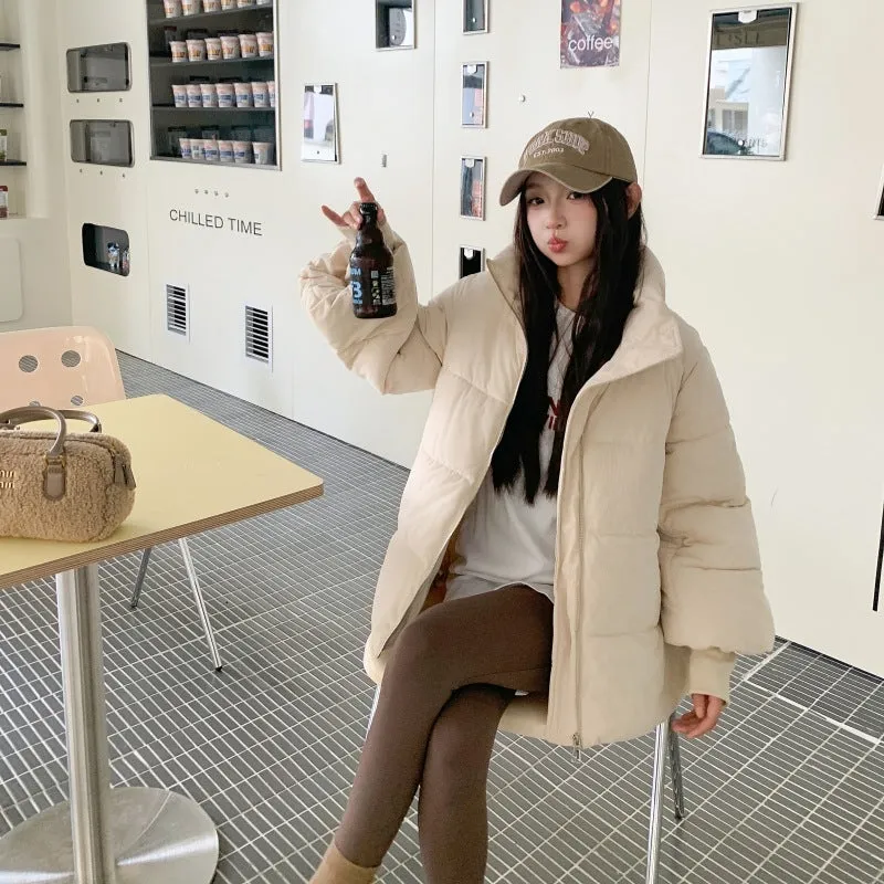 Loose thick Korean style student cotton-padded coat in beige with pocket detail