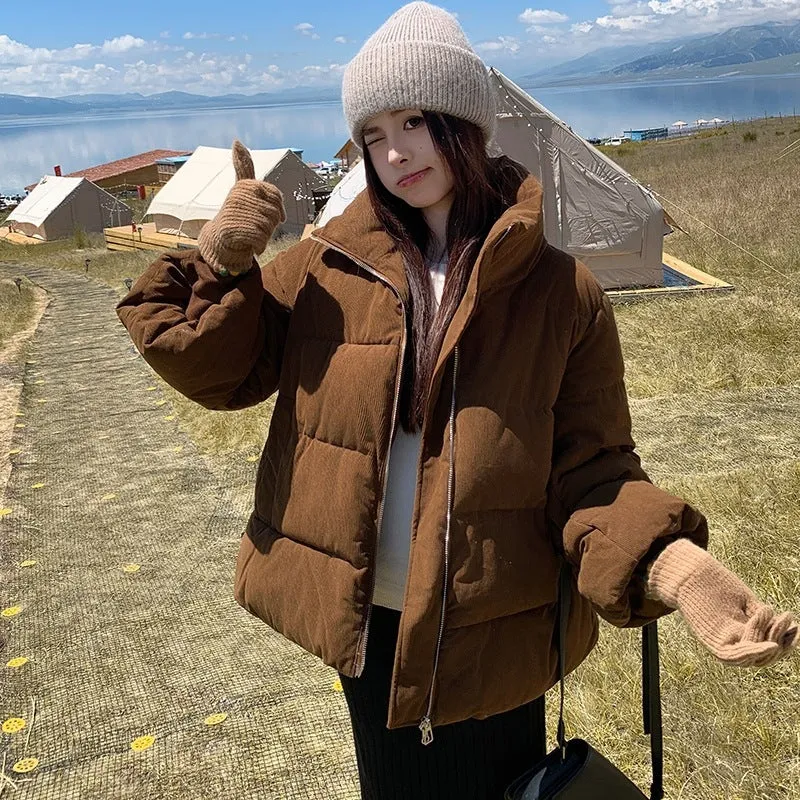 Loose thick Korean style student cotton-padded coat in beige with pocket detail