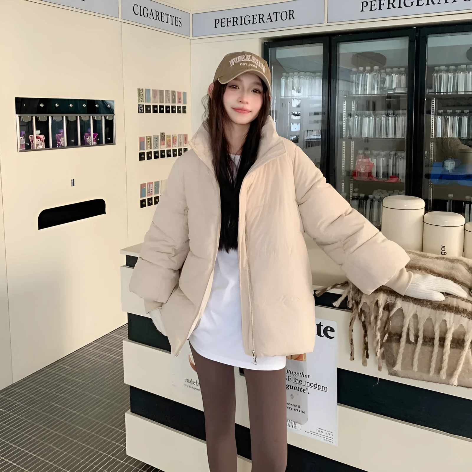Loose thick Korean style student cotton-padded coat in beige with pocket detail