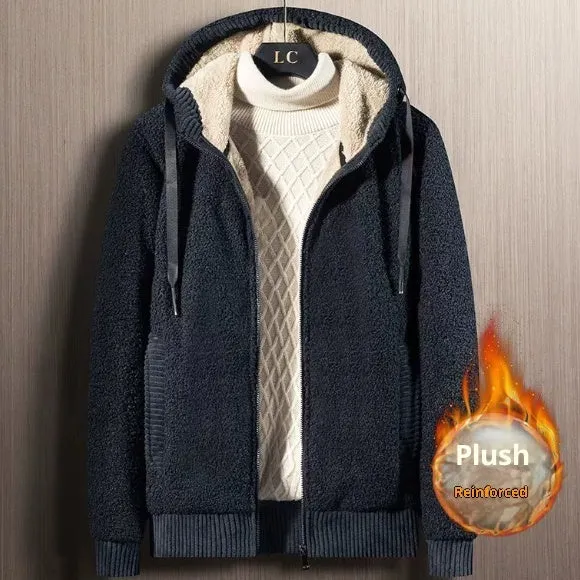 Men's zipper hooded fleece cardigan in black, front view, thick fabric for winter warmth