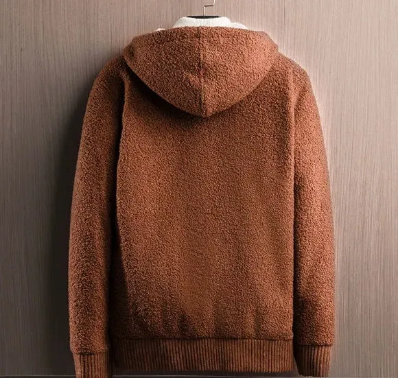 Men's zipper hooded fleece cardigan in black, front view, thick fabric for winter warmth