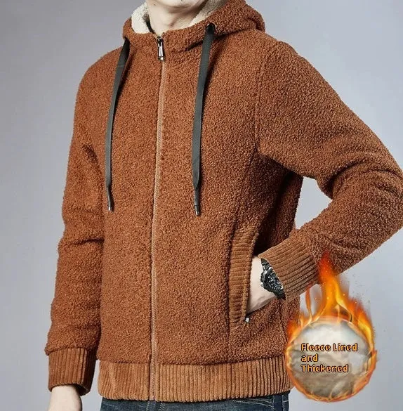 Men's zipper hooded fleece cardigan in black, front view, thick fabric for winter warmth