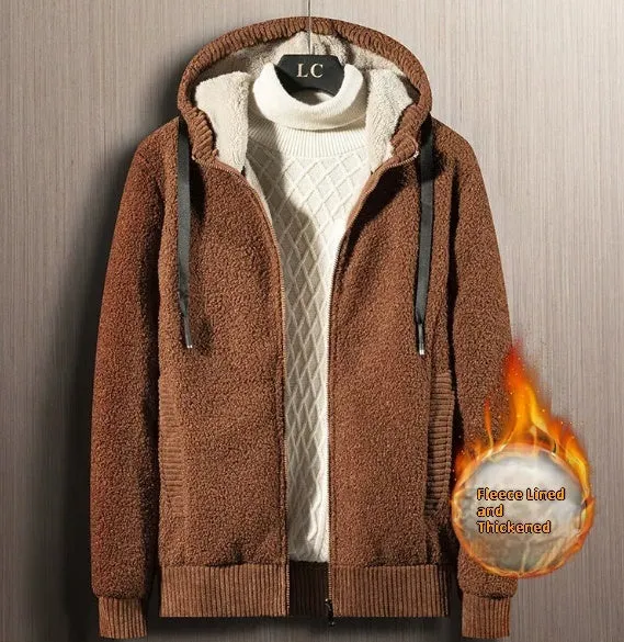 Men's zipper hooded fleece cardigan in black, front view, thick fabric for winter warmth
