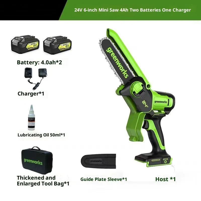 6-inch small electric chain saw with 24V lithium battery, 400W motor, and EU charger shown on white background