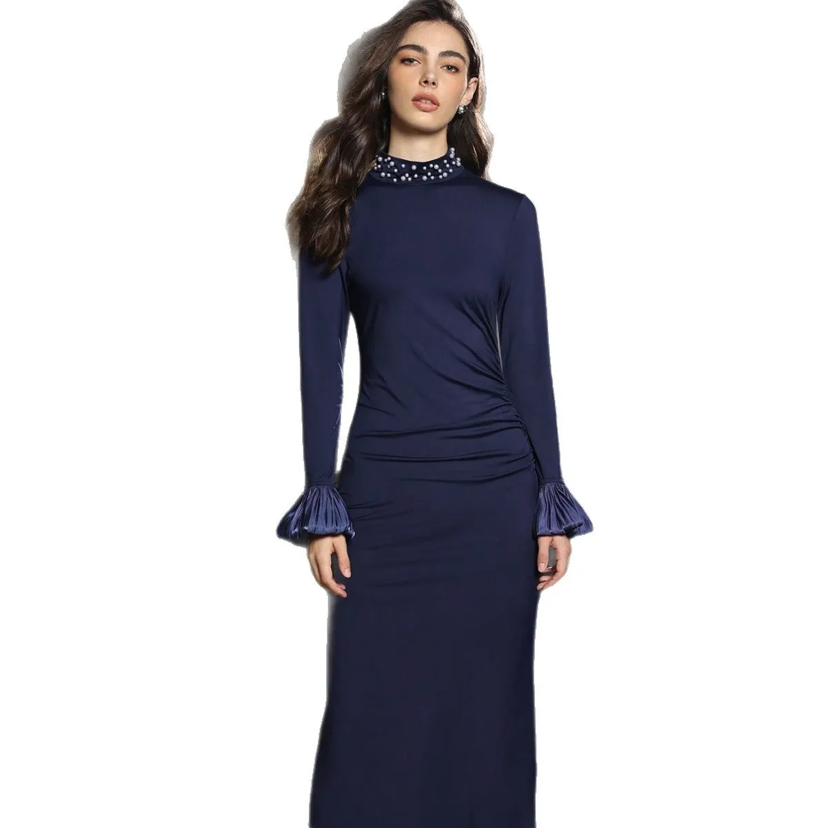 Slim-fit navy blue polyester long sleeve dress with pearl stand collar and ruffle details for women's workwear