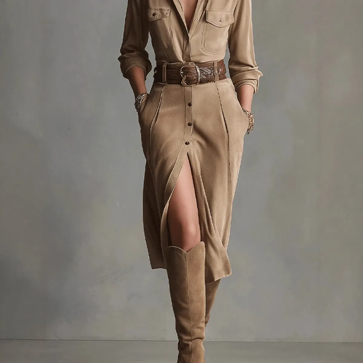 Khaki women's French waist asymmetric dress with high waist and polyester fabric, full-length view