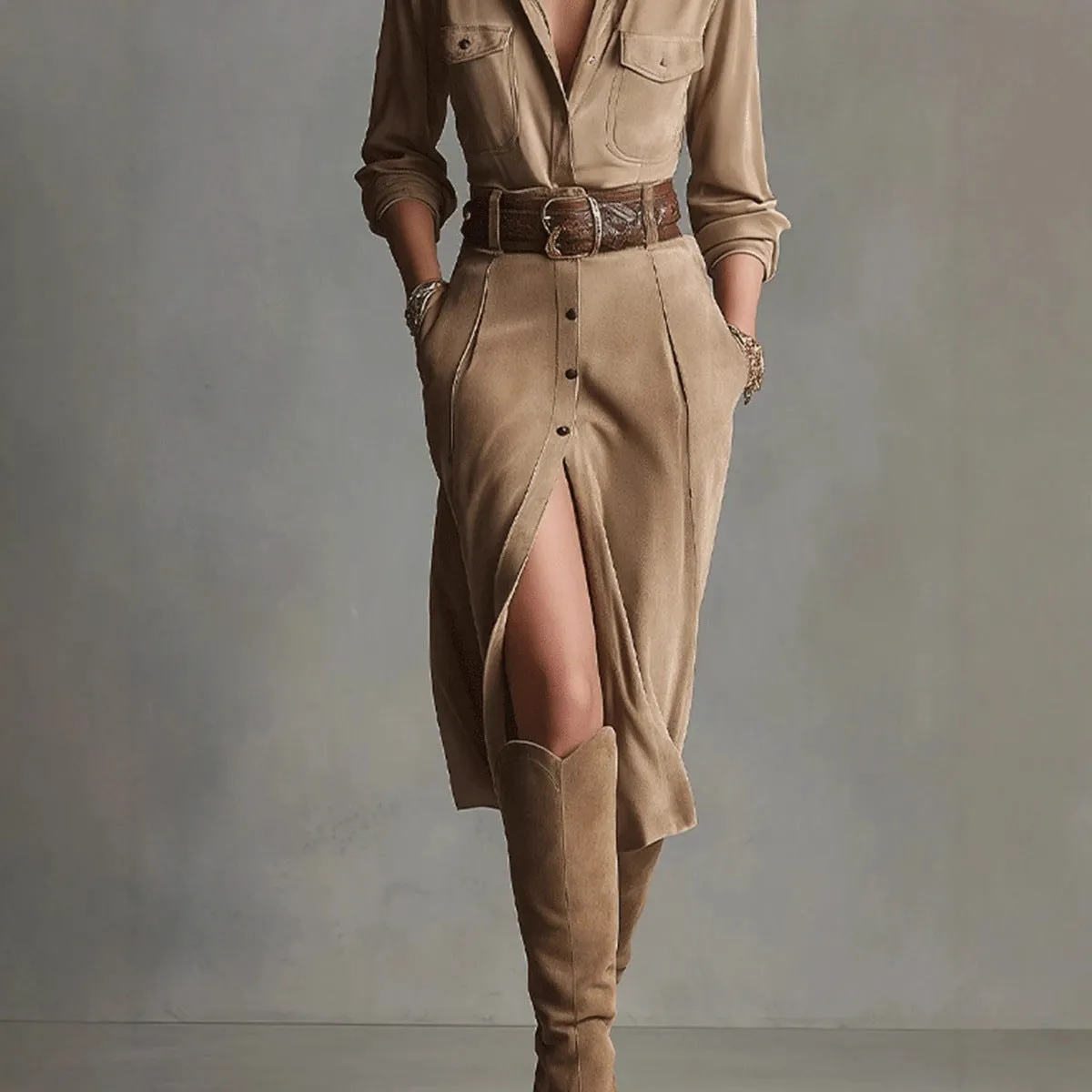Khaki women's French waist asymmetric dress with high waist and polyester fabric, full-length view