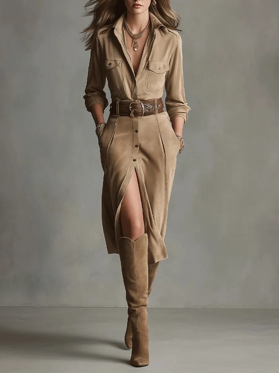 Khaki women's French waist asymmetric dress with high waist and polyester fabric, full-length view