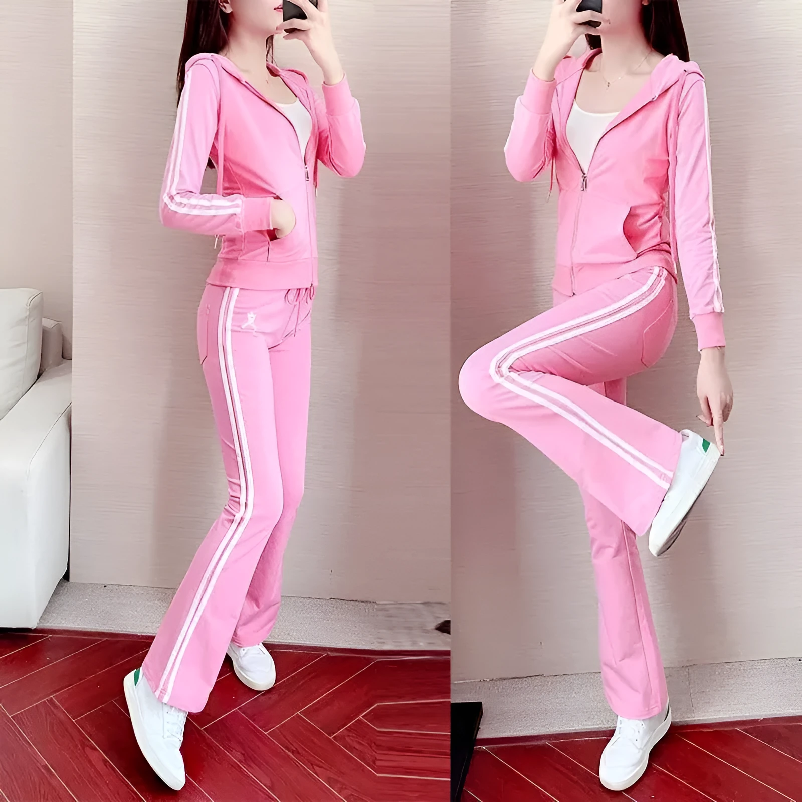 Women's hooded sweater sportswear three-piece set in solid colour top, pants, and vest with zipper