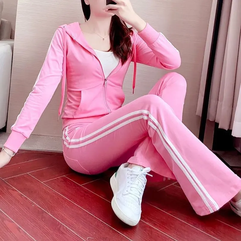 Women's hooded sweater sportswear three-piece set in solid colour top, pants, and vest with zipper