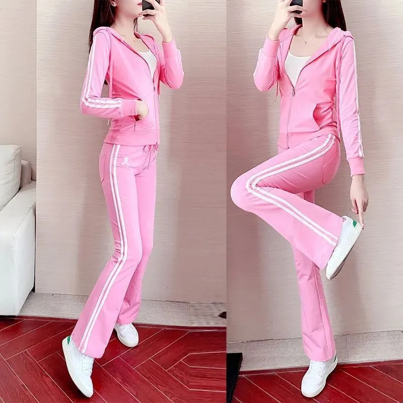 Women's hooded sweater sportswear three-piece set in solid colour top, pants, and vest with zipper