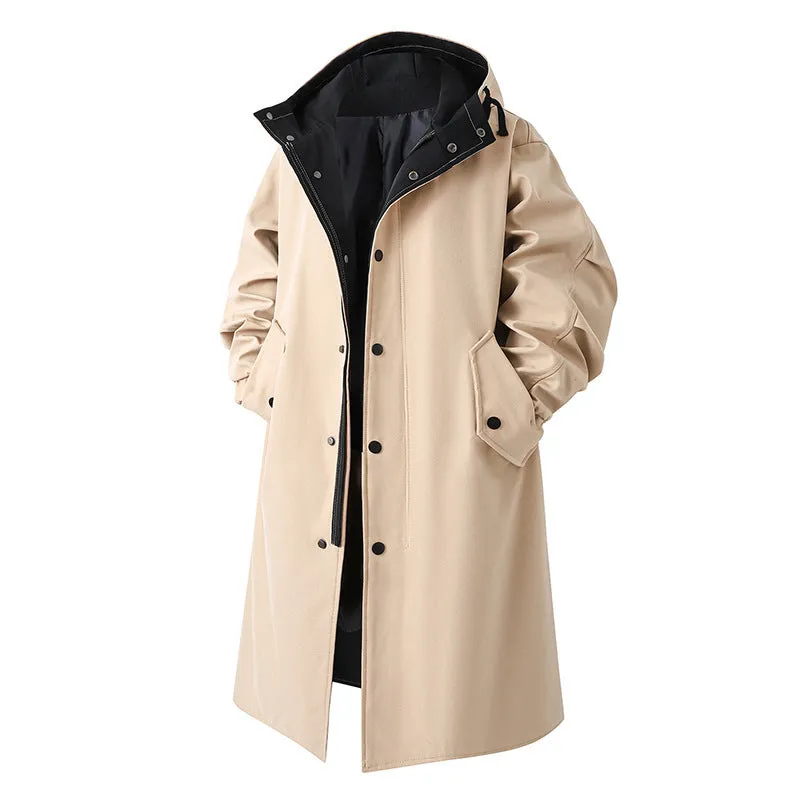 Men's solid color large size mid-length hooded trench coat in black, front view, standing on plain background