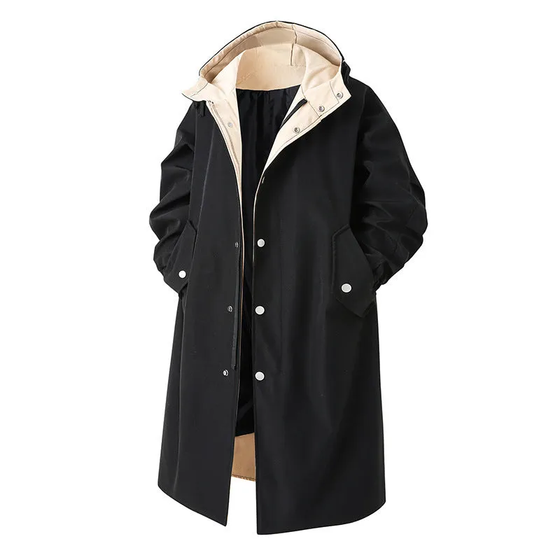 Men's solid color large size mid-length hooded trench coat in black, front view, standing on plain background