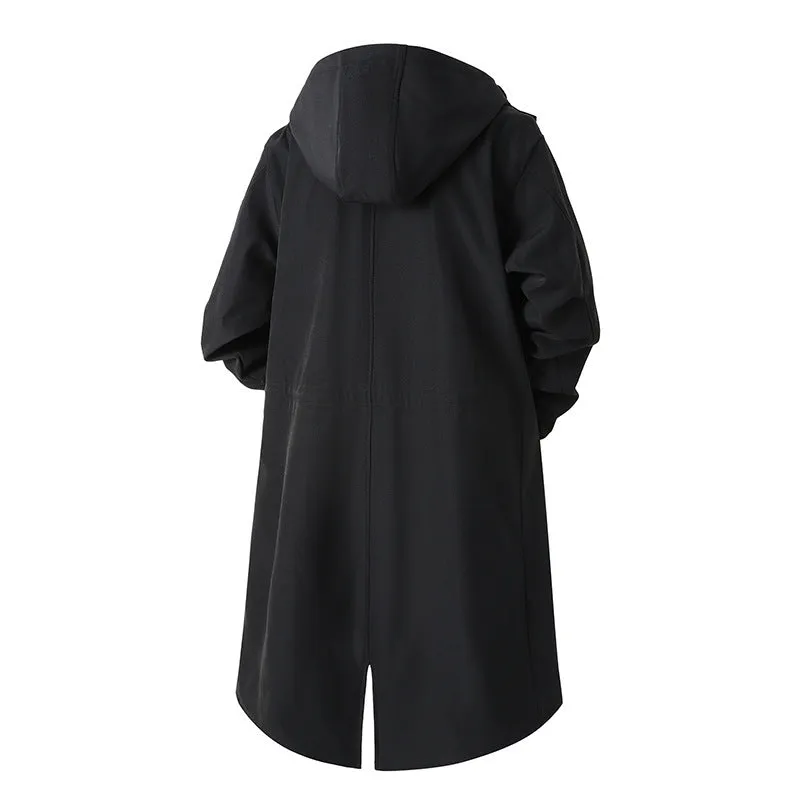 Men's solid color large size mid-length hooded trench coat in black, front view, standing on plain background