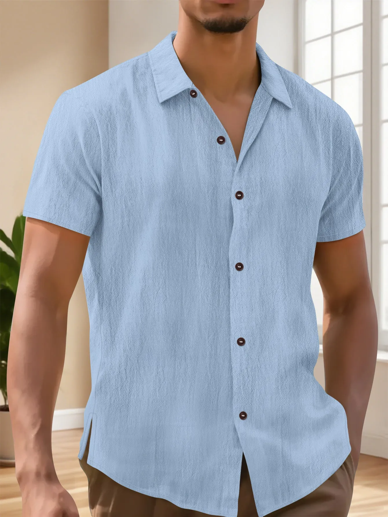 Men's linen lapel short sleeve shirt in khaki, front view, cardigan-style collar, short sleeves