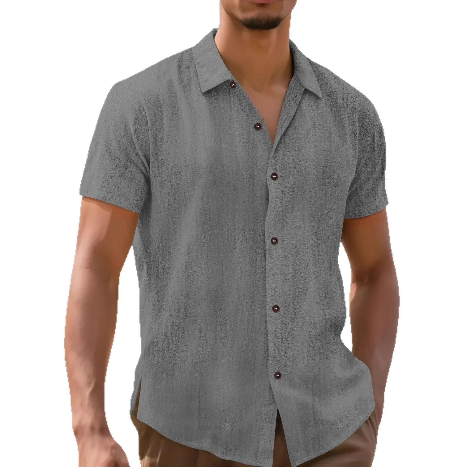 Men's linen lapel short sleeve shirt in khaki, front view, cardigan-style collar, short sleeves