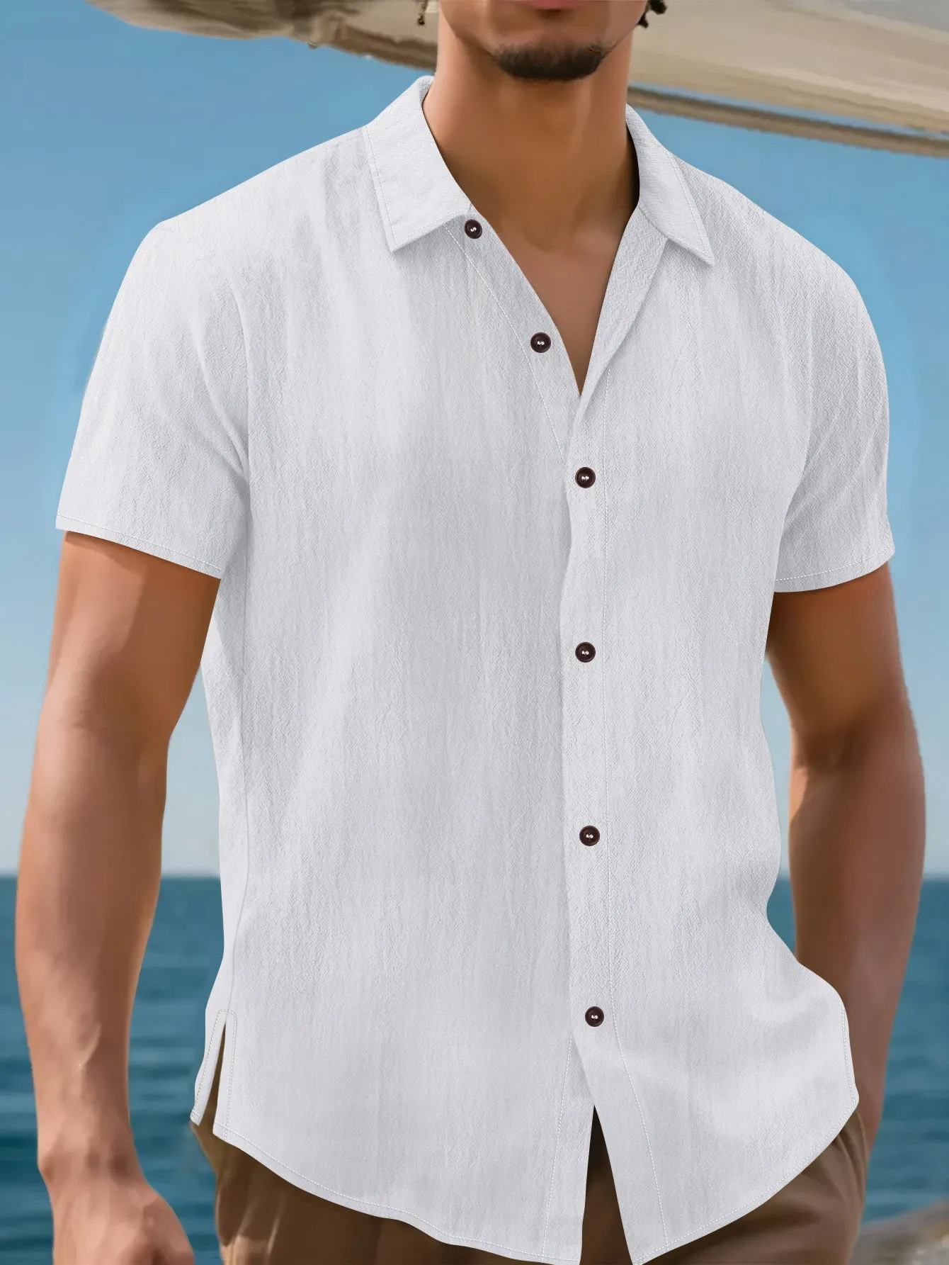 Men's linen lapel short sleeve shirt in khaki, front view, cardigan-style collar, short sleeves