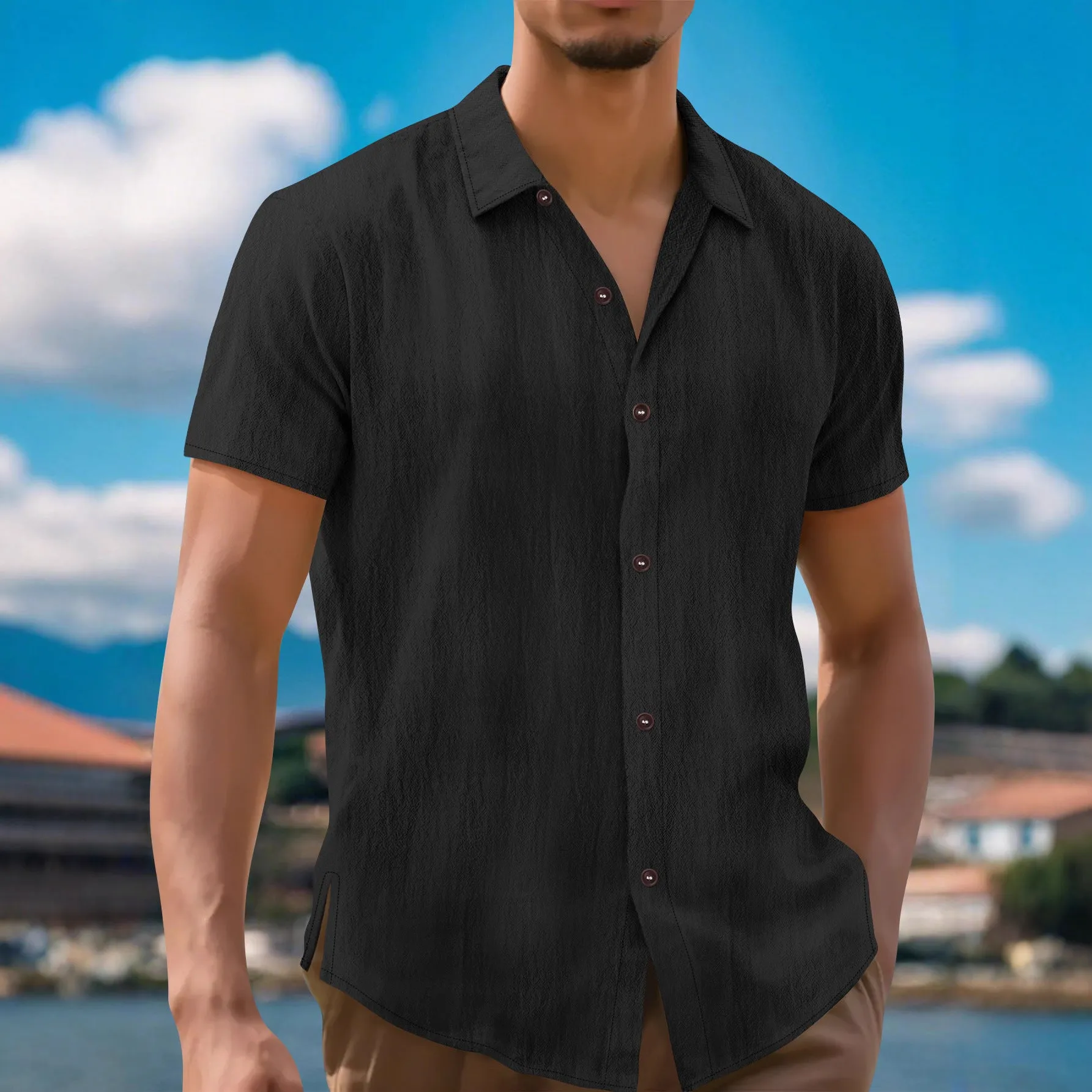 Men's linen lapel short sleeve shirt in khaki, front view, cardigan-style collar, short sleeves