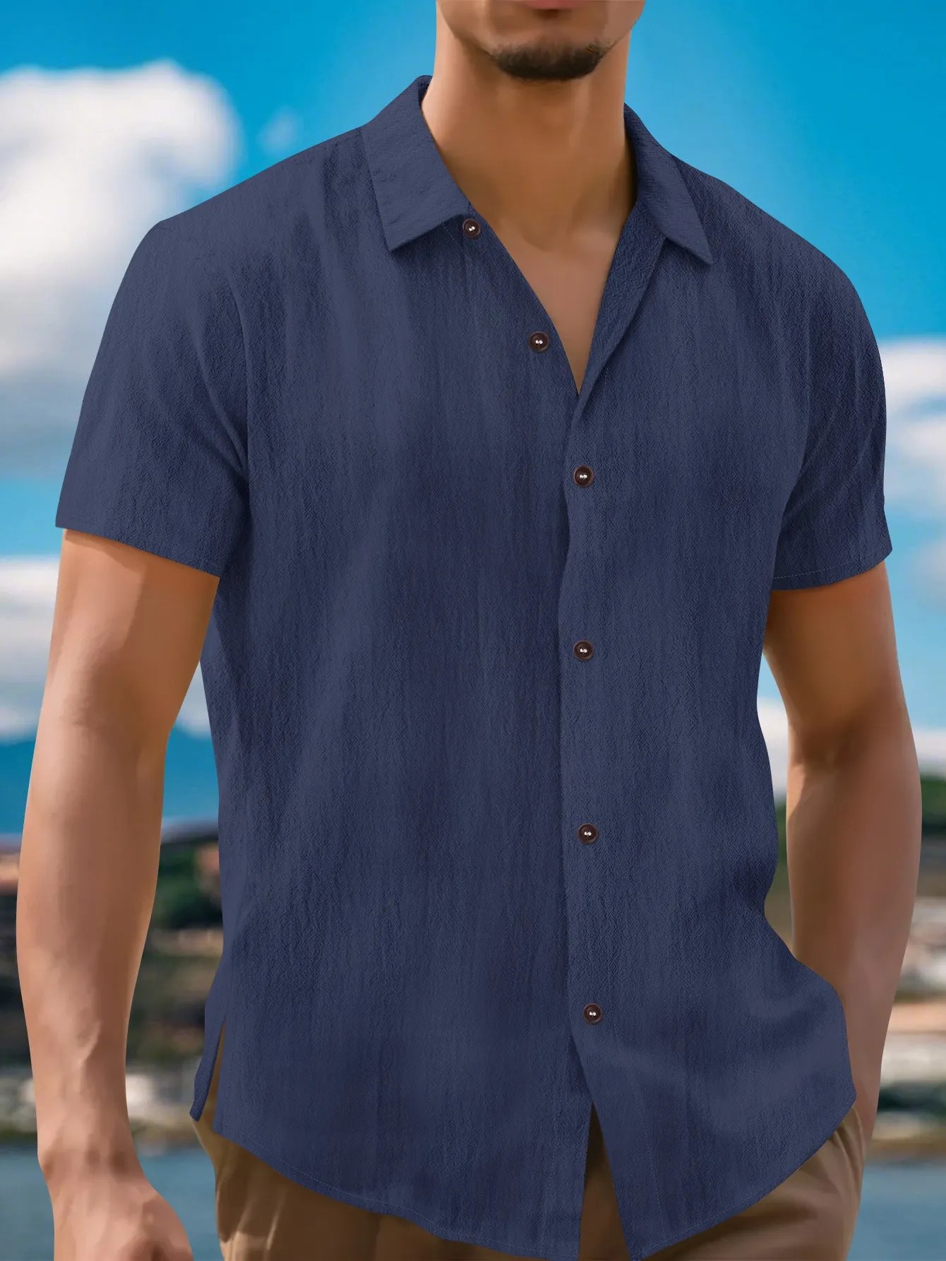 Men's linen lapel short sleeve shirt in khaki, front view, cardigan-style collar, short sleeves