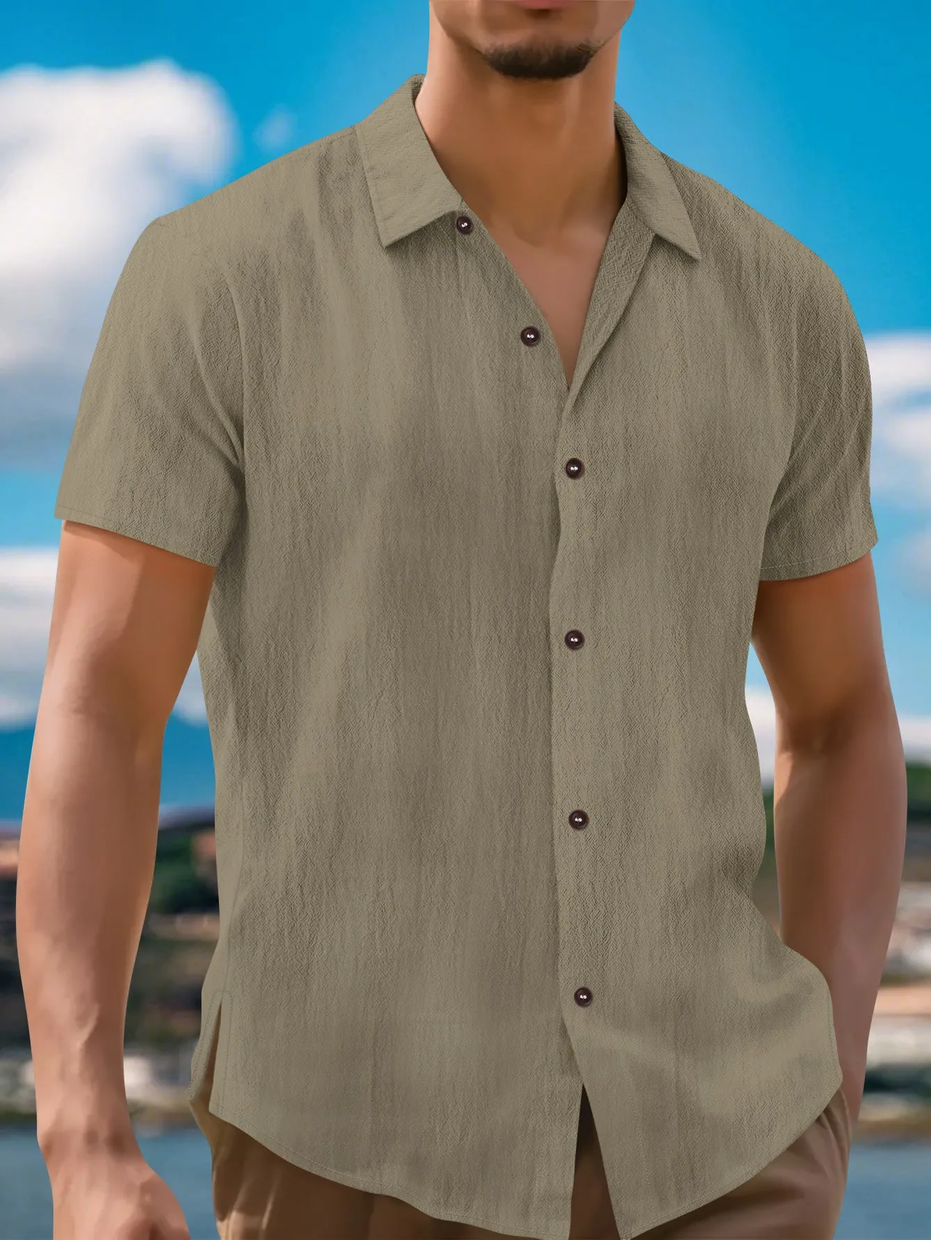 Men's linen lapel short sleeve shirt in khaki, front view, cardigan-style collar, short sleeves